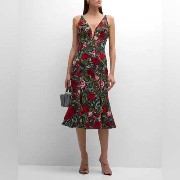 Dress the Population Dresses & Skirts - Dress the Population Isabelle Deep V-Neck Embroidered Midi Dress Size S